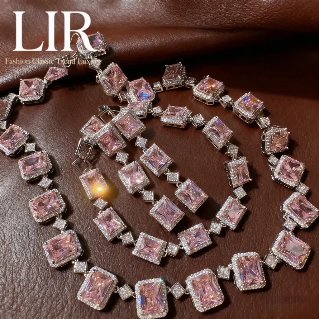 

Блестящий на заказ комплект LIR: розовое ожерелье Padparadscha с большим каратным драгоценным камнем + розовый браслет с цирконом и подушкой, серьги (женские)