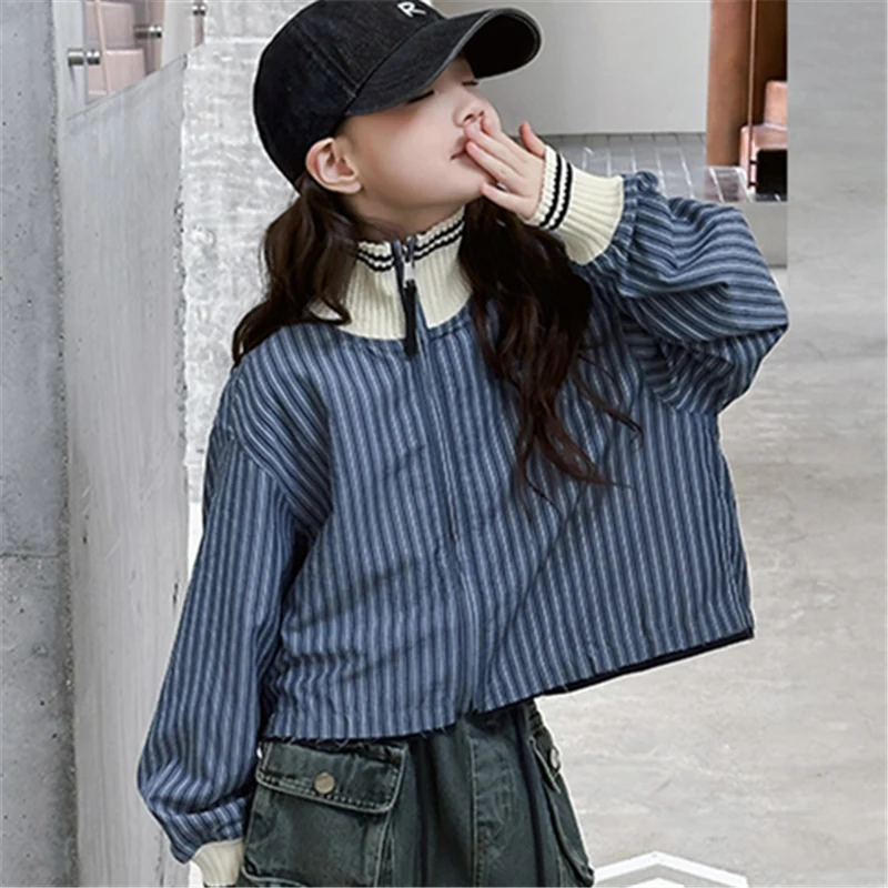 Tweens Child Vertical Striped Zip-Up Collar Jacket for Girls Trendy Street Style Outfit Teenager Kids Spring Fall Clothing Coat