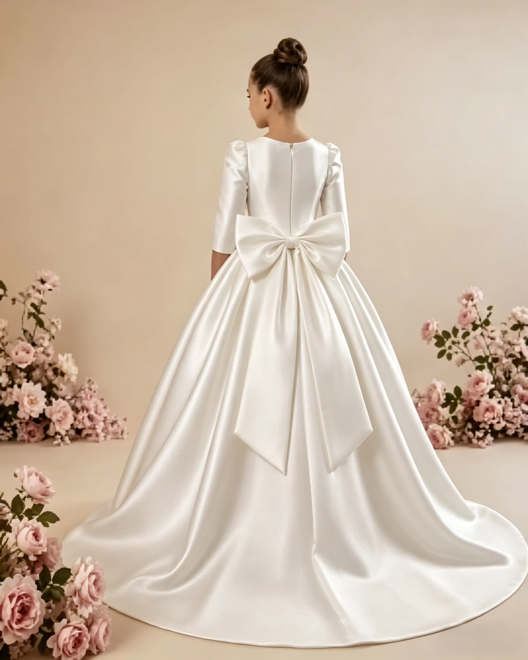 Custom Girls First Communion Dress 2025 New Long Sleeve Matte Satin A-Line Tail Evening Gown Girls Wedding Party Princess Dress