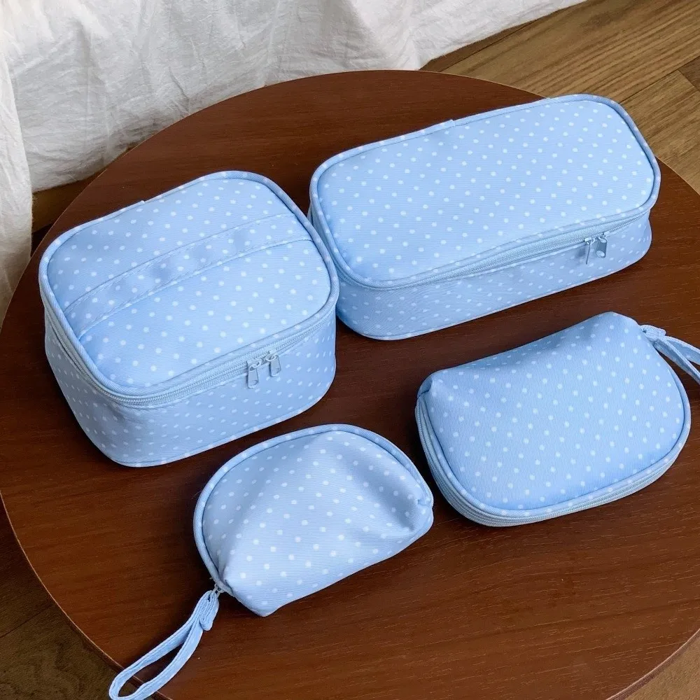 Cute Polyester Polka Dot Makeup Bag Light Blue Multi Size Cosmetic Pouch Checkered Zipper Wash Bag Portable
