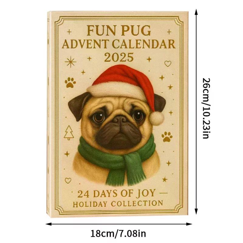 Calendario dell'Avvento carlino 2025, calendario dell'avvento natalizio da 24 giorni con simpatici ornamenti pendenti per cani carlino, regalo di festa per gli amanti dei cani