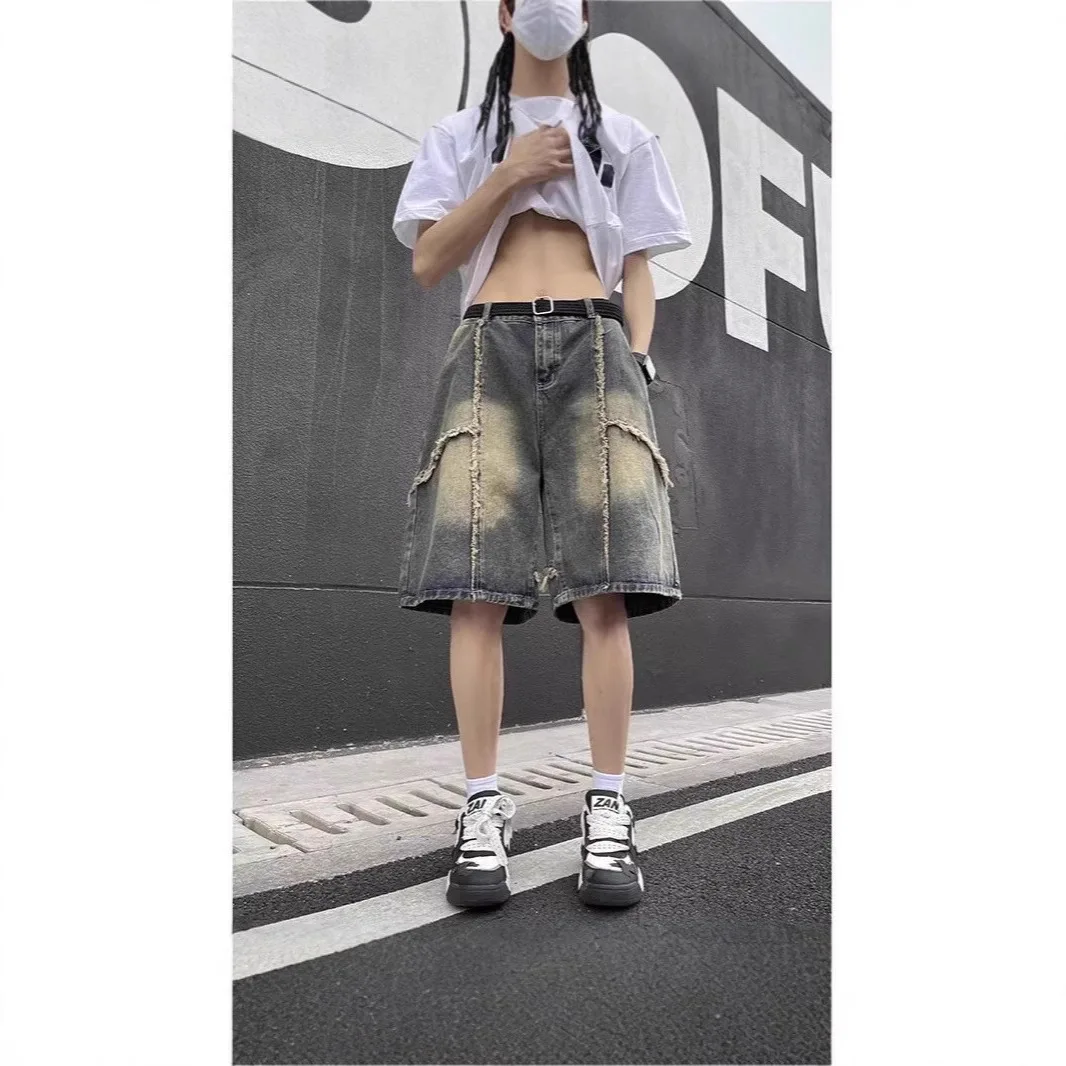 

Rough Mud Yellow Denim Shorts Men's Washed Old Knee Breeches Retro Five-point Pants 2025 Spring And Summer New Models