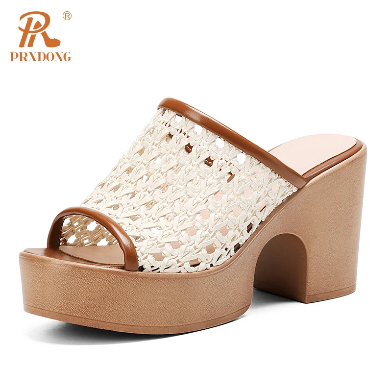 PRXDONG Women's Shoes New Brand Summer Chunky High Heel Platform Open Toe Dress Party Casual Female Slippers Sandals Brown Beige