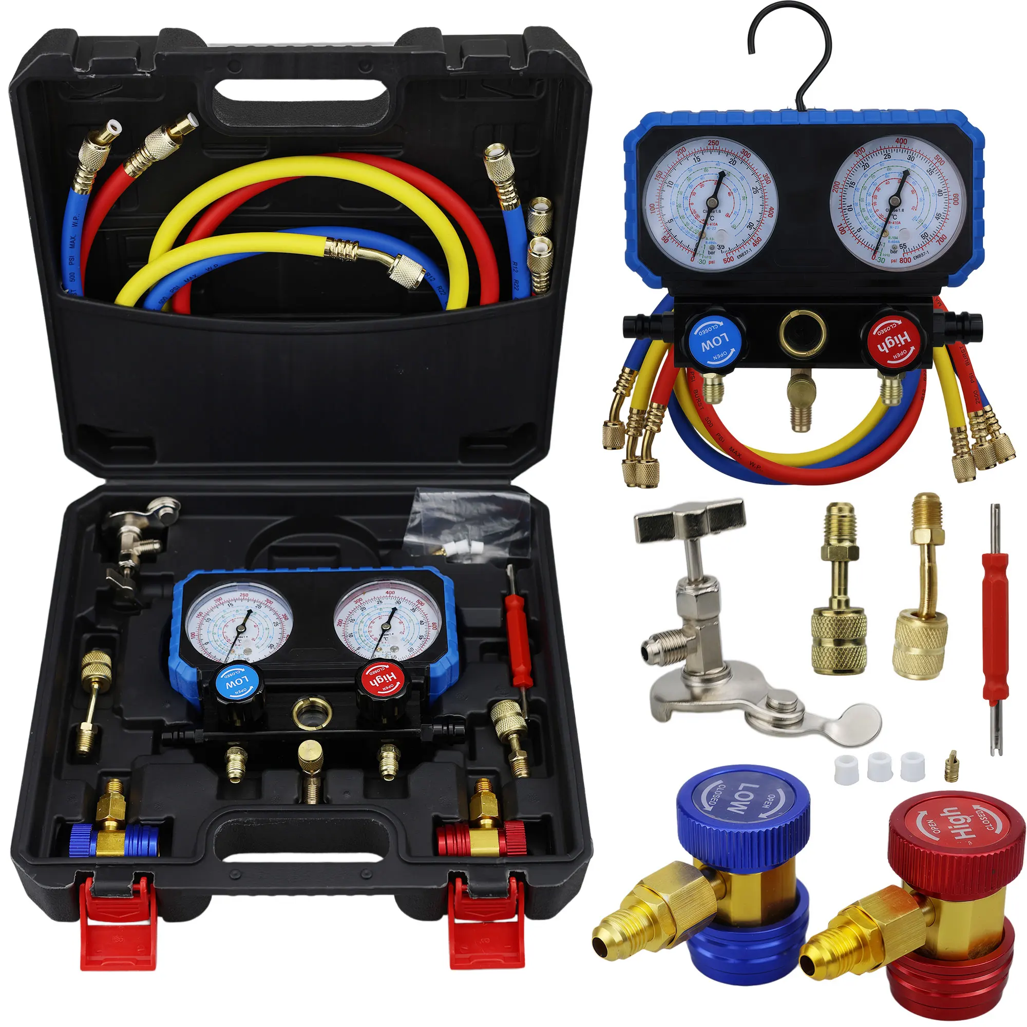 Automotive Air Conditioner Refrigerant Pressure Gauge Kit, R134A and R22 Refrigerant Compatible, Pressure Manifold Hose Included