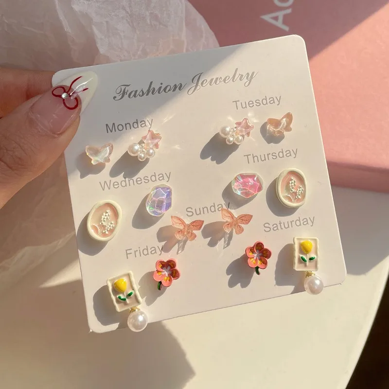 

S925 Silver Peach Blossom Butterfly Stud Earrings 7 Pairs Set Spring Ethereal Floral Gift for Teens Hypoallergenic Lightweight