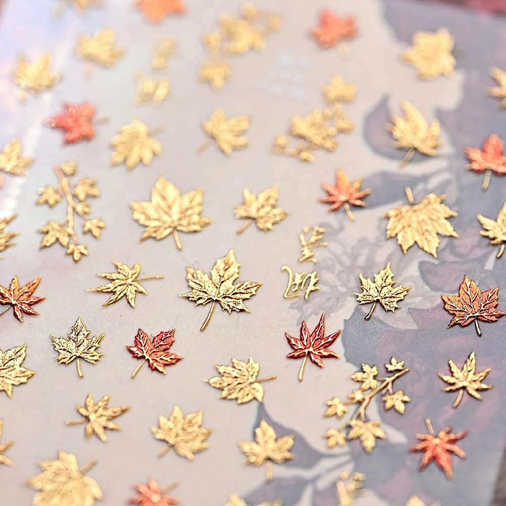 Autumn Gold Red Maple Leaf Nail Decals 5D Embossed Fall‑themed Stickers Self‑Adhesive Delicate Manicure Accessories for Seasonal