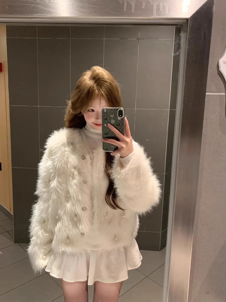 Short Knitted Cardigan Women\'s Faux Fur Milk Fufu Small Fragrance Style Sweater European New Goods High Level Knitted Jacket