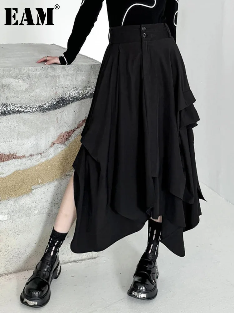 

[EAM] High Waist Black pleated Irregular A-line Half-body Skirt Women Loose Fit Fashion Tide New Spring Autumn 2024 1DH4346