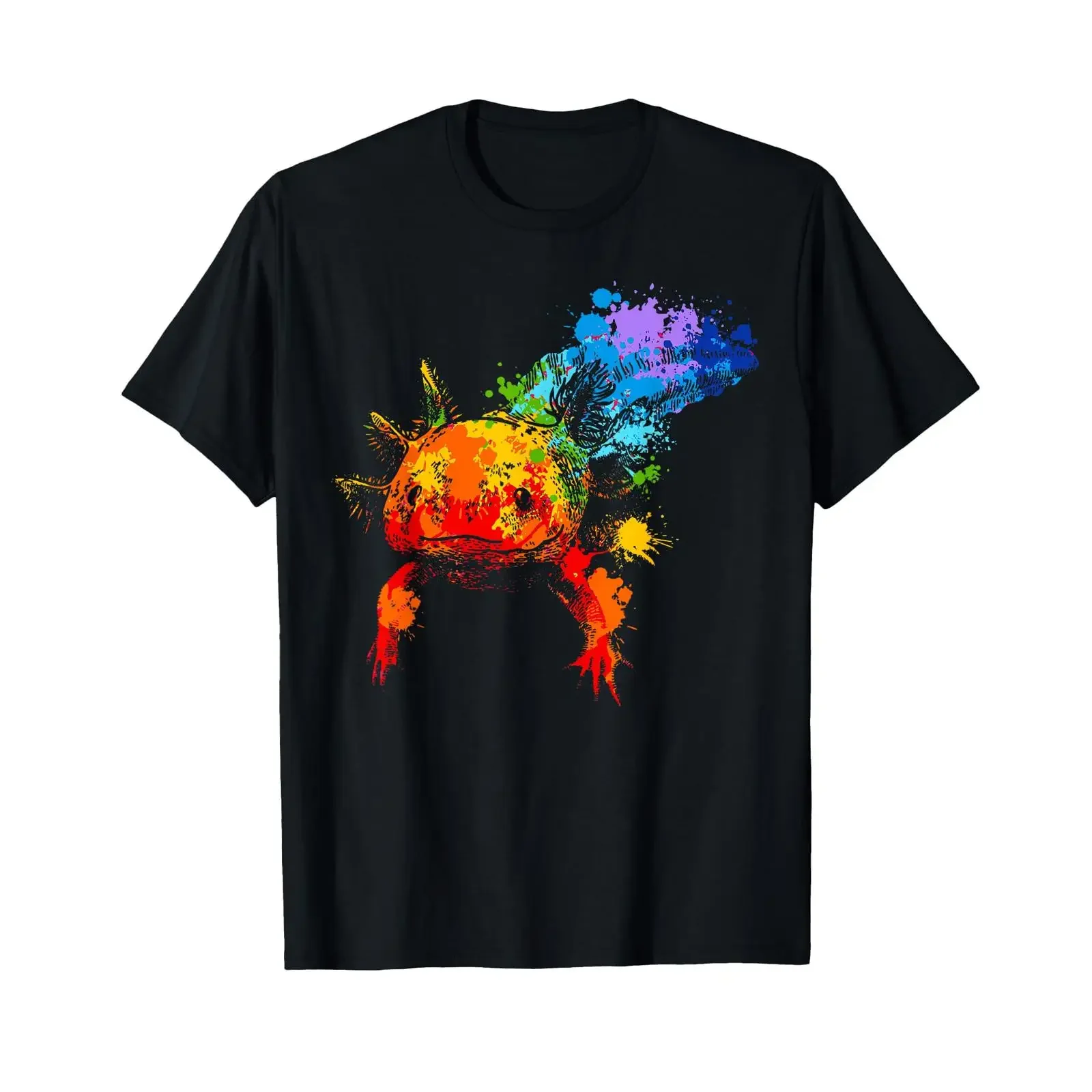 Retro Splash Axolotl T Shirt for Women and Men Art Animal Lovers Colourful Motif Black vintage Washed Top For Everyday Wear