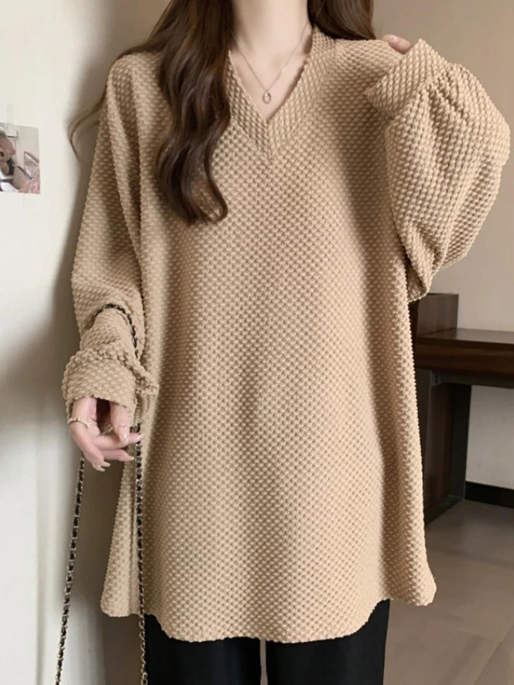 plus Size Autumn Long Sleeve Texture T-Shirt Women's Loose Belly Covering Slimming Effect Korean Style Commute Pure Color