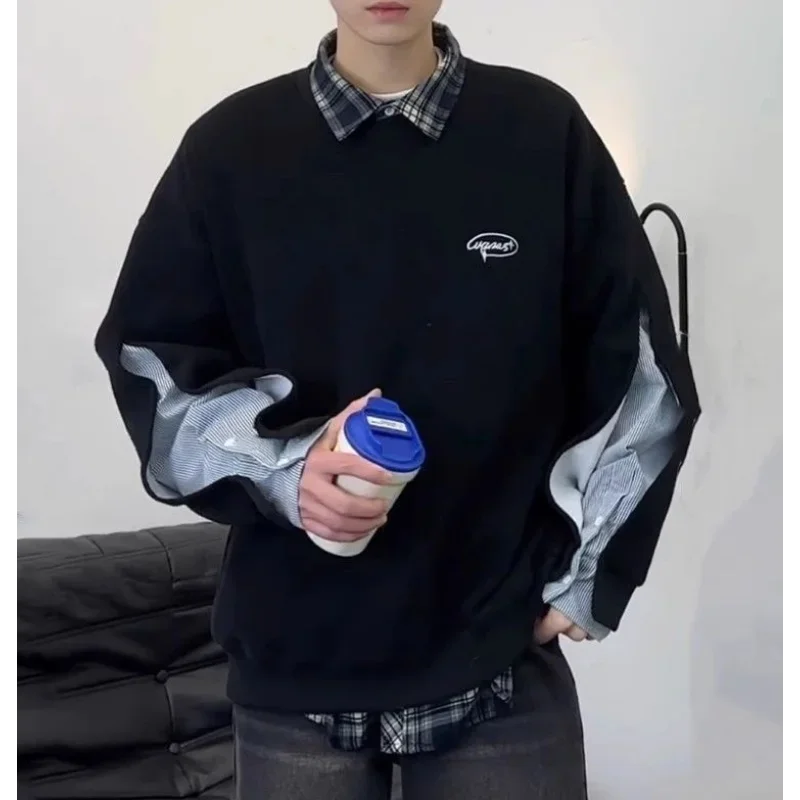 American Fake Two-piece Round Neck Sweatshirt Spliced Shirt Retro Design Loose Couple Jacket