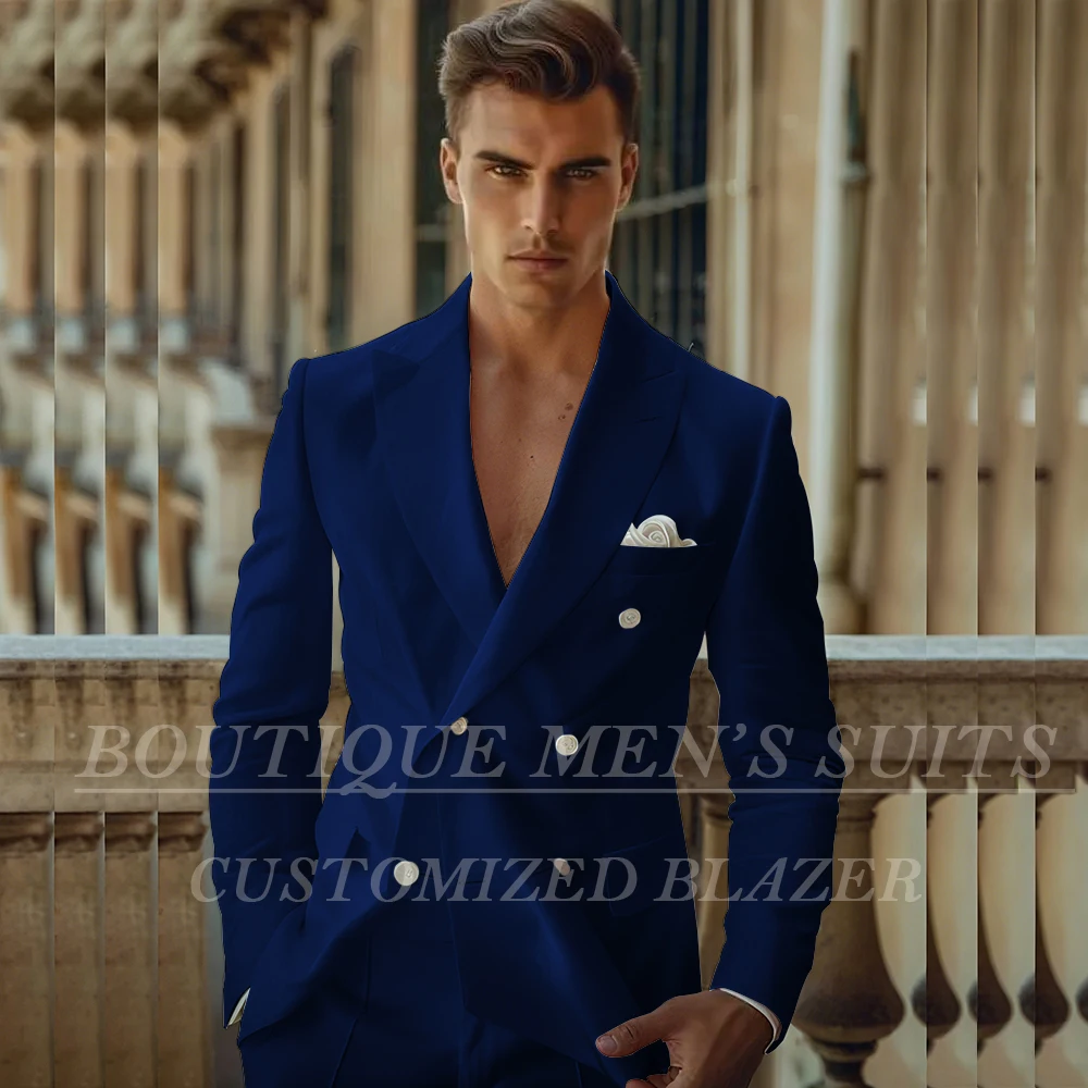 

Streetwear Men's Solid Color Suits Fashion Double Breasted Peak Lapel Skinny 2 Piece Jacket Pants Sets Formal Wedding Blazer