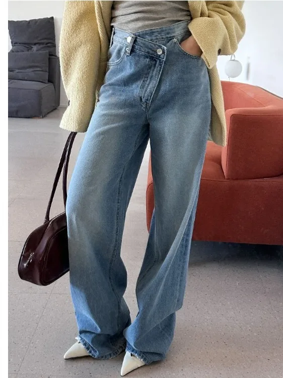 

High Waist Straight Leg Jeans Women's Fashion Slant Button Slimming Long Length Versatile Long Pants Cotton 100% Blue Color