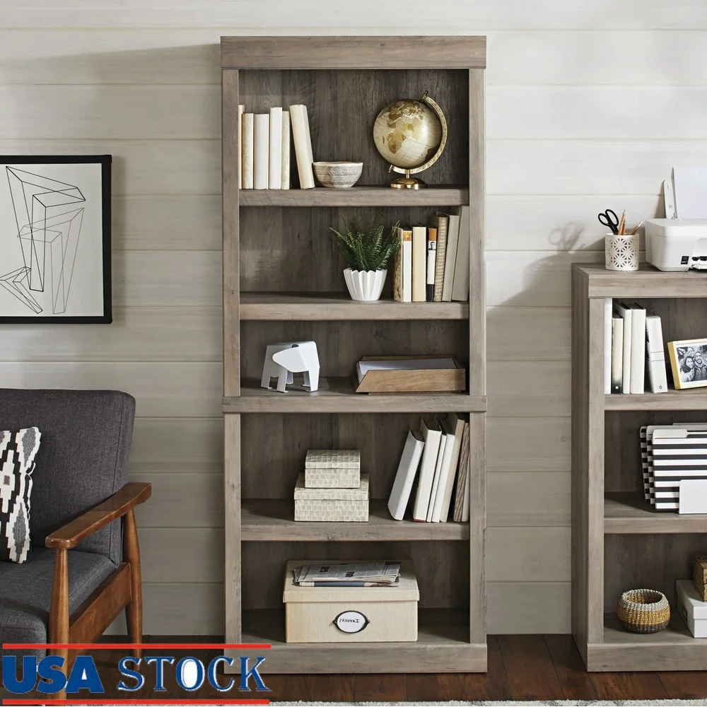5 Shelf Bookcase Vertical Rustic Gray Wood Customizable Adjustable Shelves Tall Storage Organizer Home Office Display Furniture