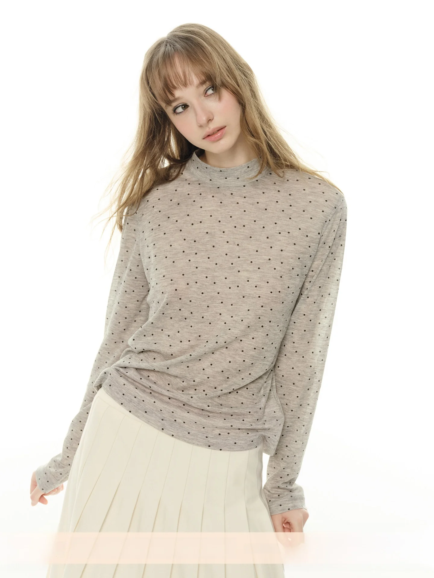 

Женская шелковая полупрозрачная блузка UNRETRO с воротником-стойкой и точечным принтом, весна-осень, с длинным рукавом, для многослойных образов, приятная к телу