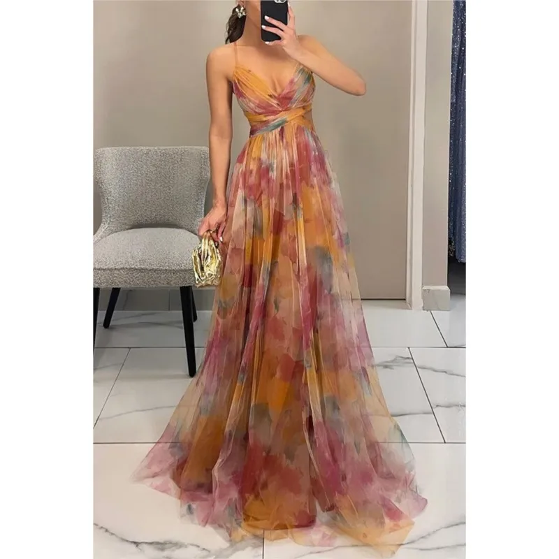 

Foreign Style Party Prom Women's Long Dress Summer Fashion V-neck Sexy Backless A-line Dresses Ladies Beach Vacation Vestidos