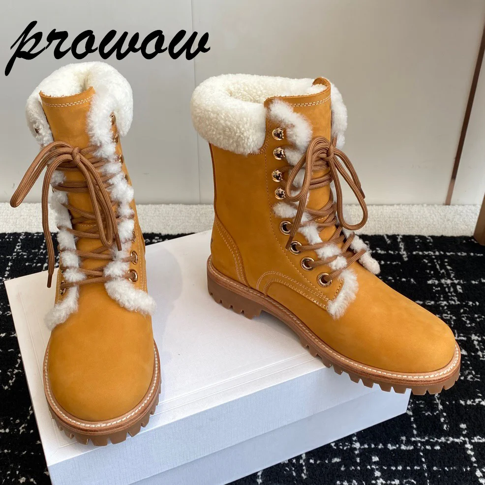 

Prowow Новые коричневые, черные удобные зимние ботинки на шнуровке из овечьего меха внутри, ботильоны на низком каблуке с круглым носком, женская обувь Zapatos Mujer