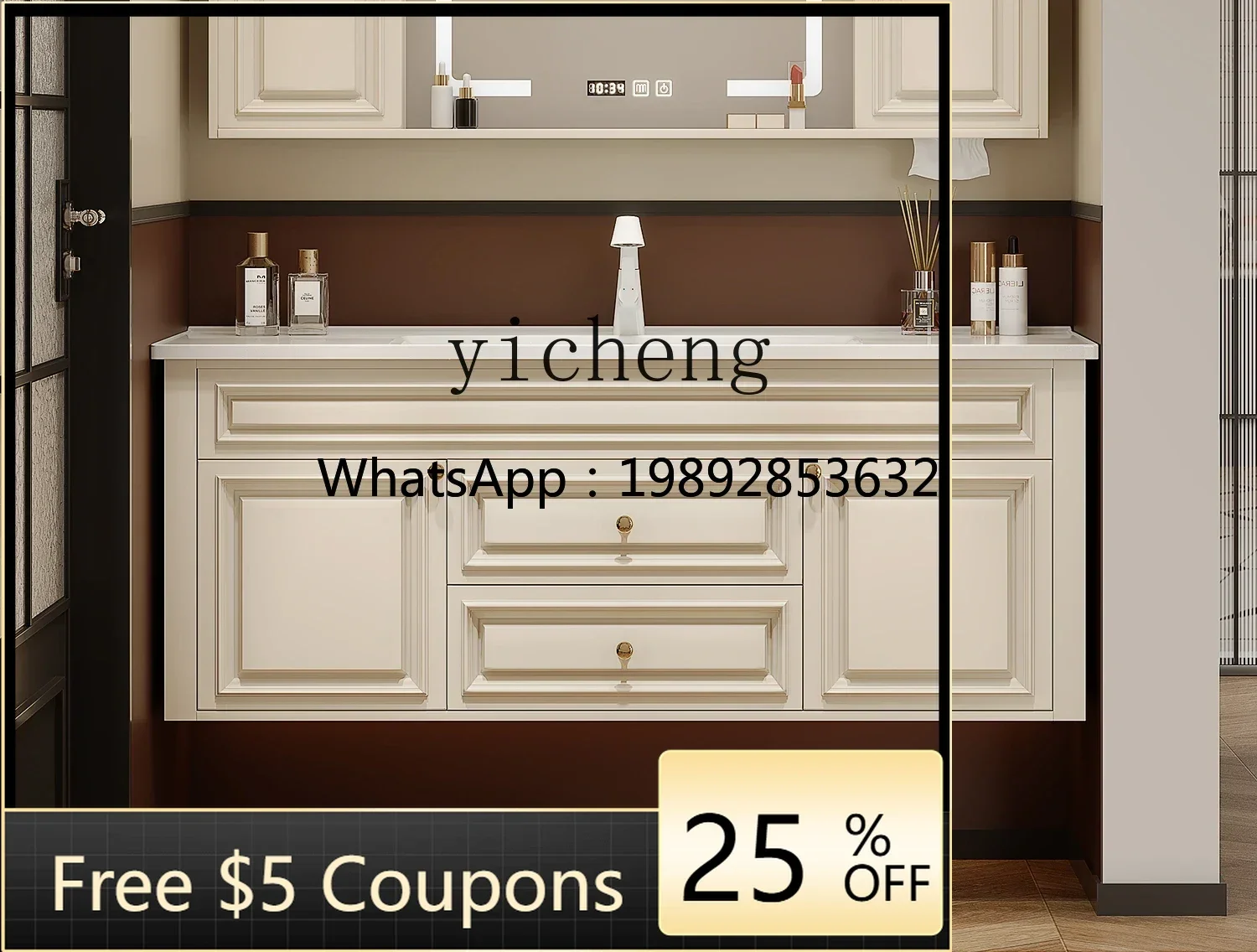 

bathroom cabinet combination retro solid wood ceramic integrated basin washbasin cream toilet washbasin