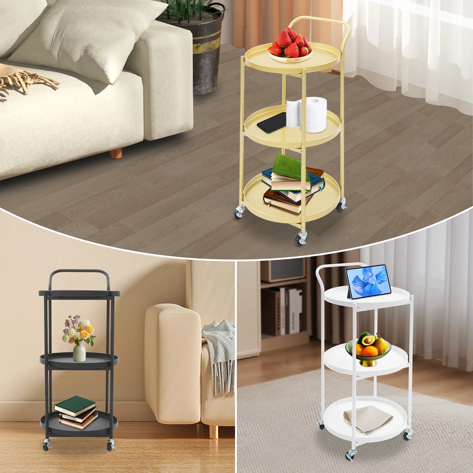 عربة تقديم بإطار معدني مستدير من 3 طبقات باللون الذهبي/الأسود/الأبيض للمطبخ، وغرفة الطعام، وعربة البار الدوارة، وعربة تخزين متنقلة