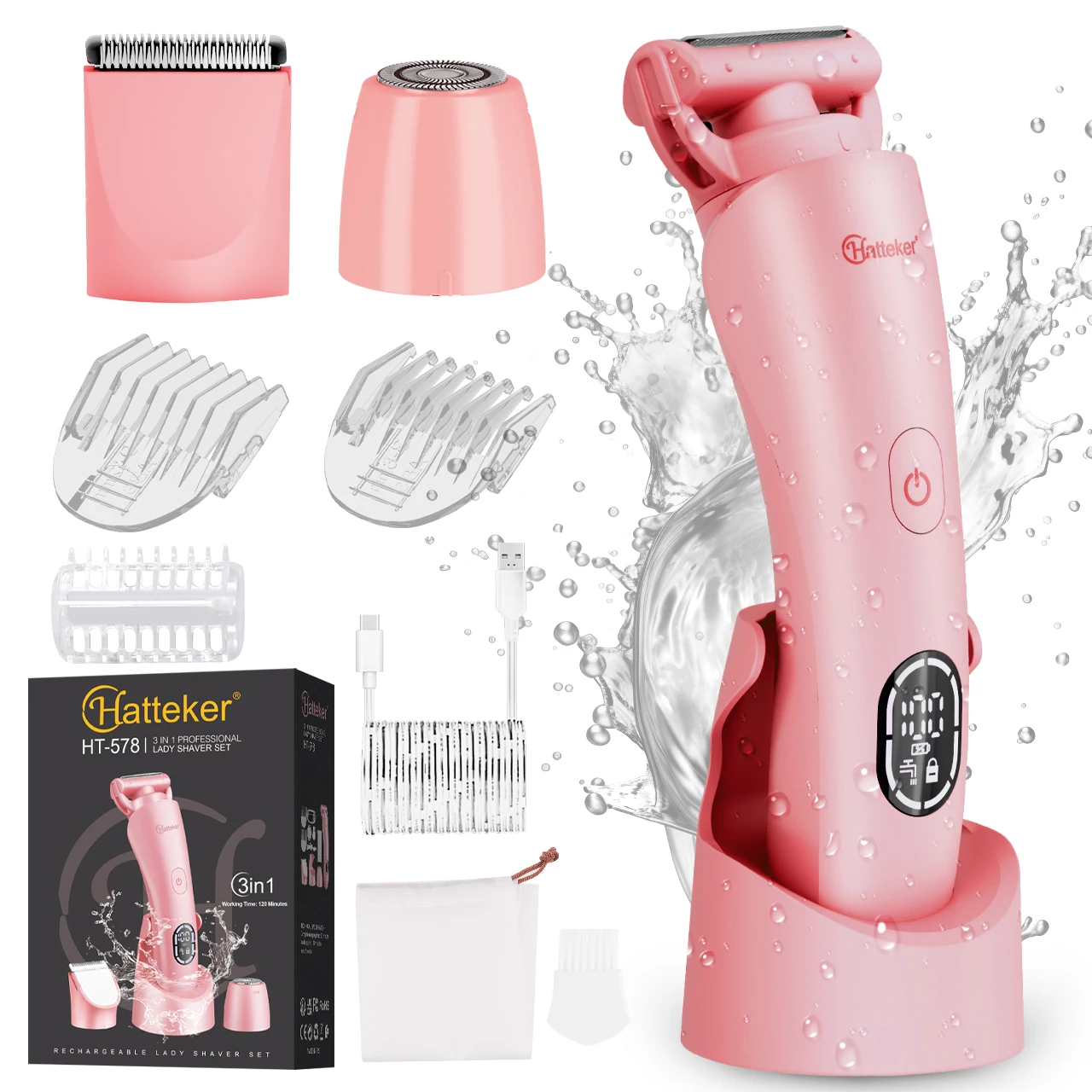 Kit per la cura personale 3 in 1 con tagliacapelli elettrico Hatteker, set per la depilazione di ascelle e gambe, con display digitale e lavabile.