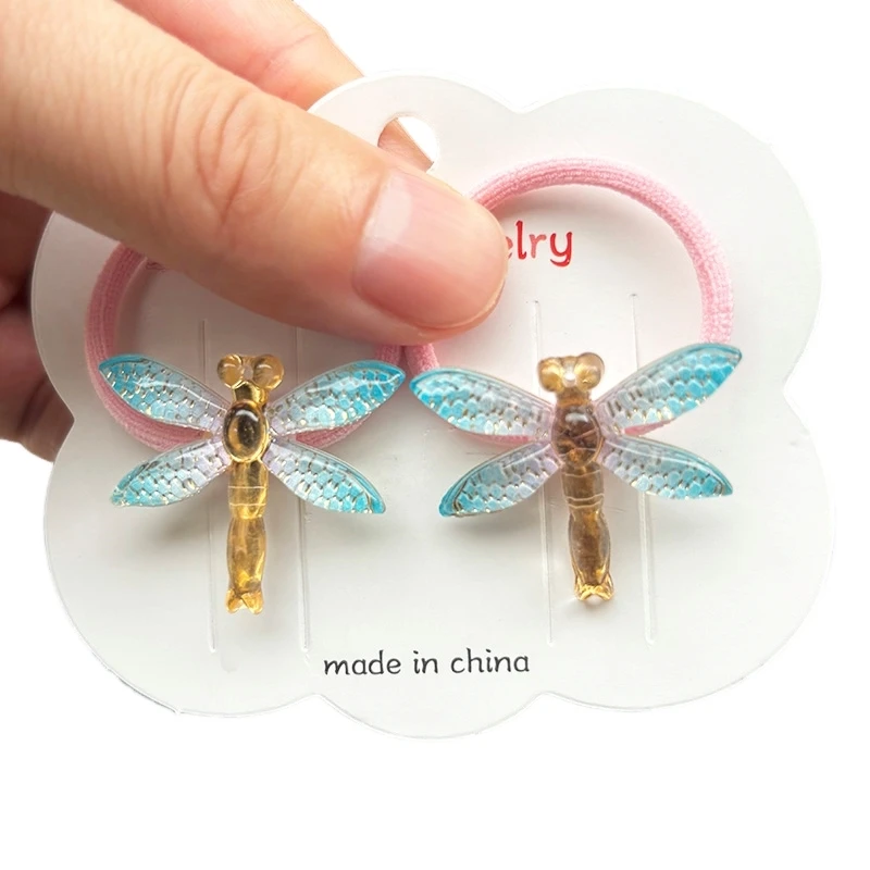 2PCS Lovely Cartoon Acrylic Dragonfly Girls Elastic Hair Bands Princess Hair Accessories Children Hair Ties Baby Headwear