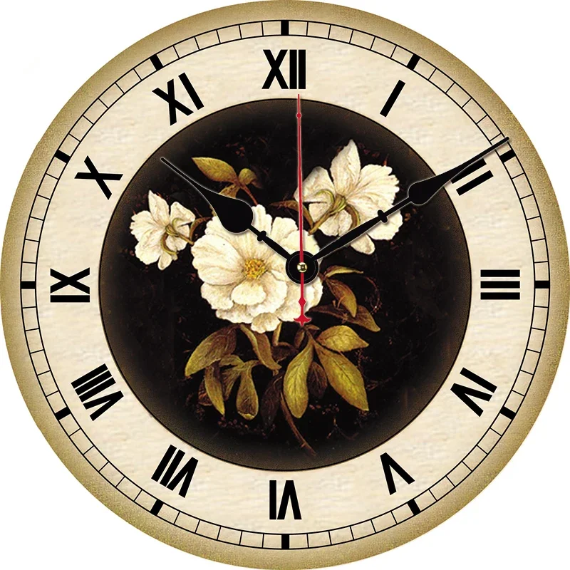 Vintage Flowers Kitchen Round Wall Clock Large Dinning Restaurant Cafe Decorative Wall Clock Silent Non-Ticking Nice For Gift