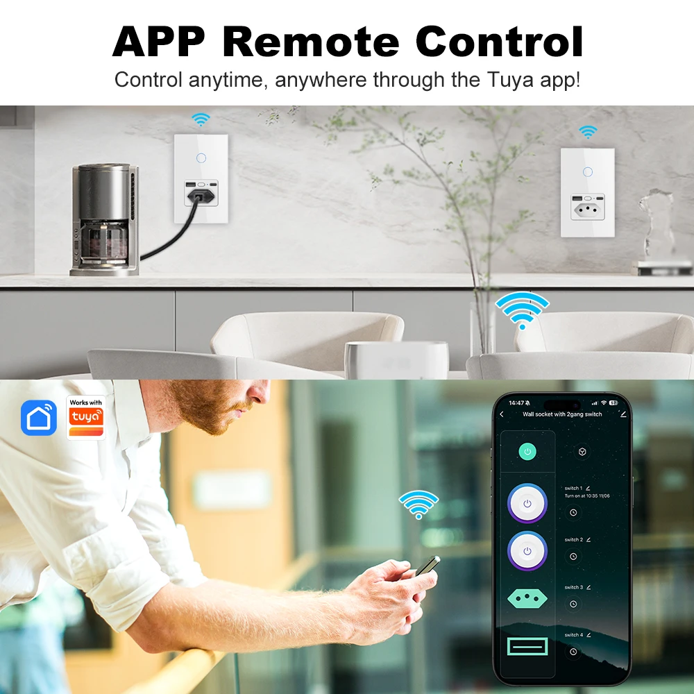 MANHOT 16A Wifi Smart Touch Switch Brazil Scoket 1 2 Gang Wall Light Switch Socket Type-c USB Work with Tuya Google Home Alexa