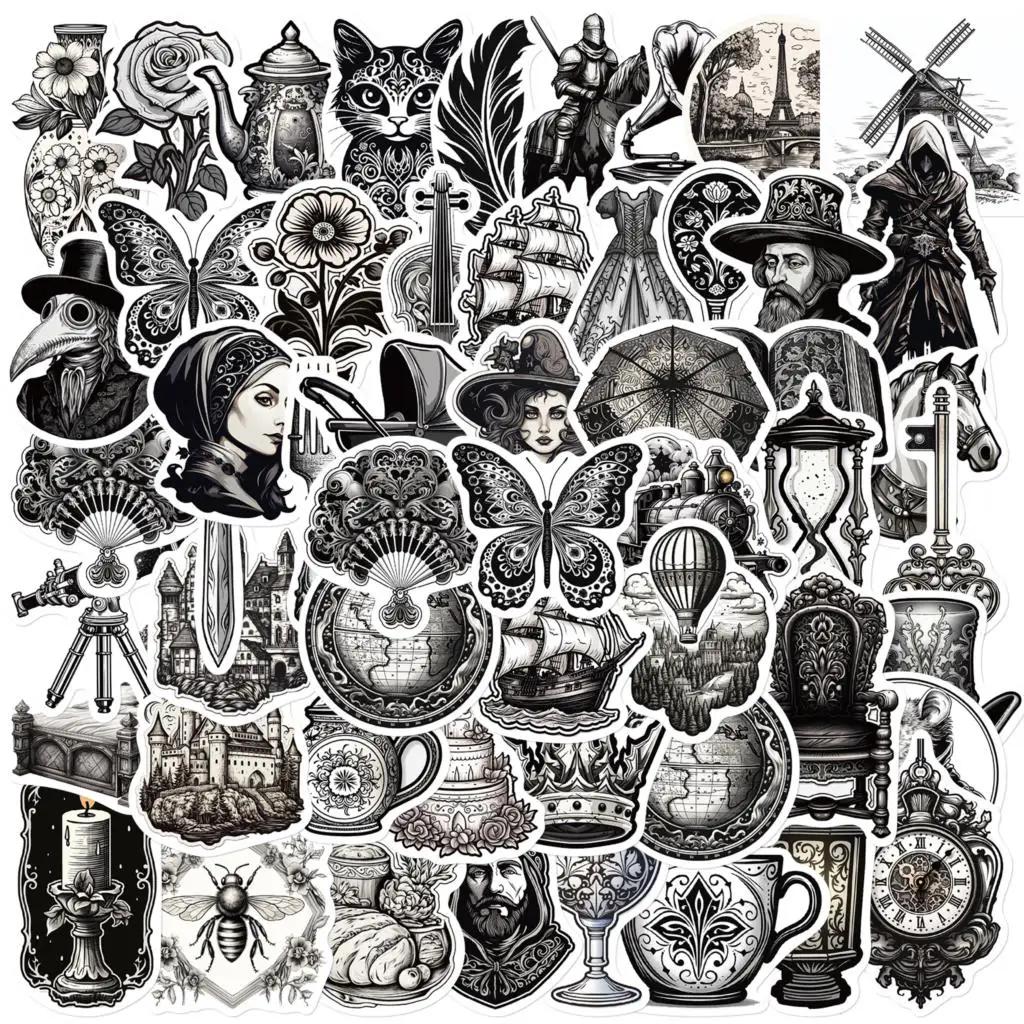 50PCS Black And White Chinese Style Graffiti Personality Sticker Trend Guitar Water Cup Computer Suitcase Sticker Wholesale