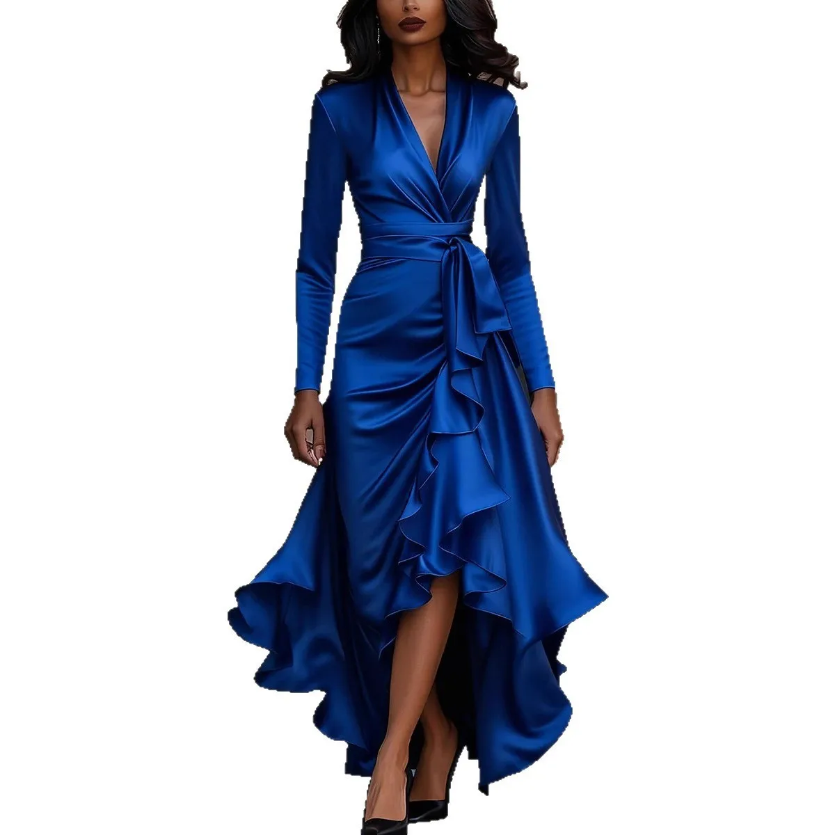 V Neck Patchwork Dress High Waist Light Mature Style with Long Sleeve Maxi Length Flared Hem Regular Sleeve Autumn for Women