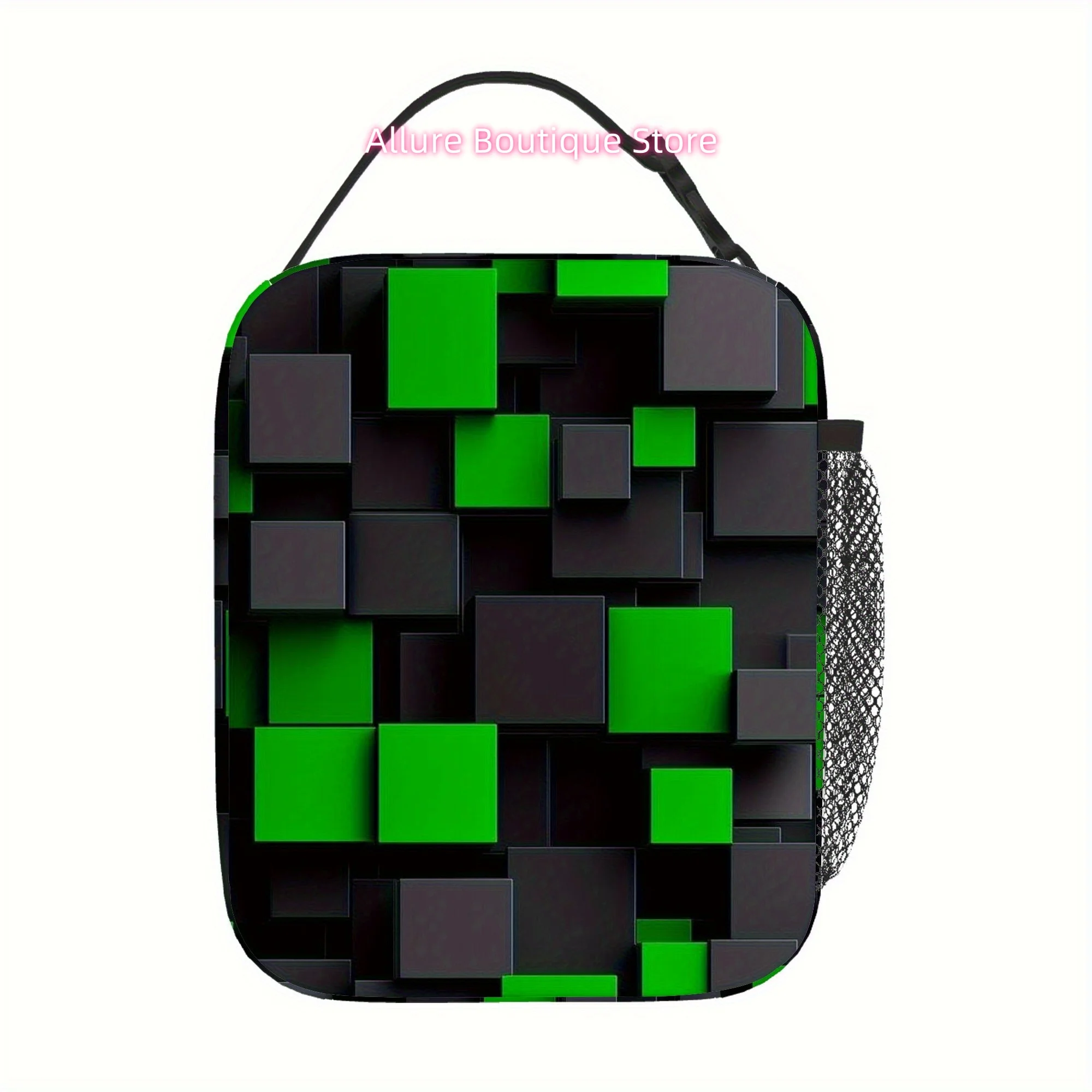 1pc a Thermal Bag Featuring Green Squares on a Black Background. This Insulated Bag Is Not Intended for Direct Food Contact And
