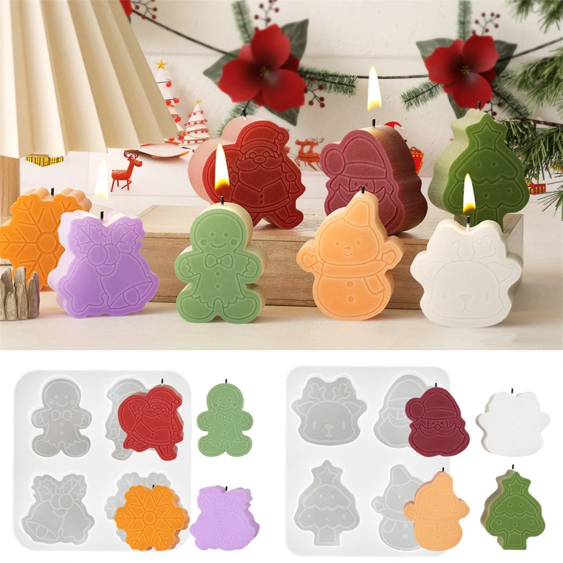 4 Holes Christmas Tree Gingerbread Man Candle Moulds Snowman Santa Soap Resin Silicone Molds Animal Elk Home Party Plaster Decor