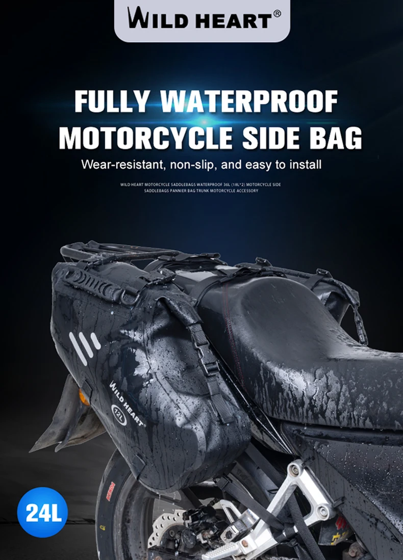 WILD HEART Wasserdichte Motorrad-Satteltaschen 24/36L, Seitentasche für den Rücksitz, Gepäck für Motorrad-Heckträger, stoßfest, langlebig – Detail 1