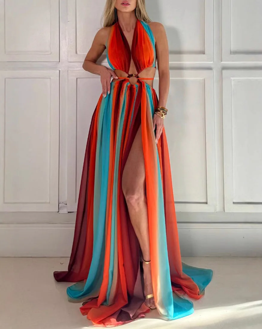 Elegant Halter Sleeveless Pleated Bohemian Dress Women Sexy Split High Waist Long Dress Fashion Pattern Printed Party Dress