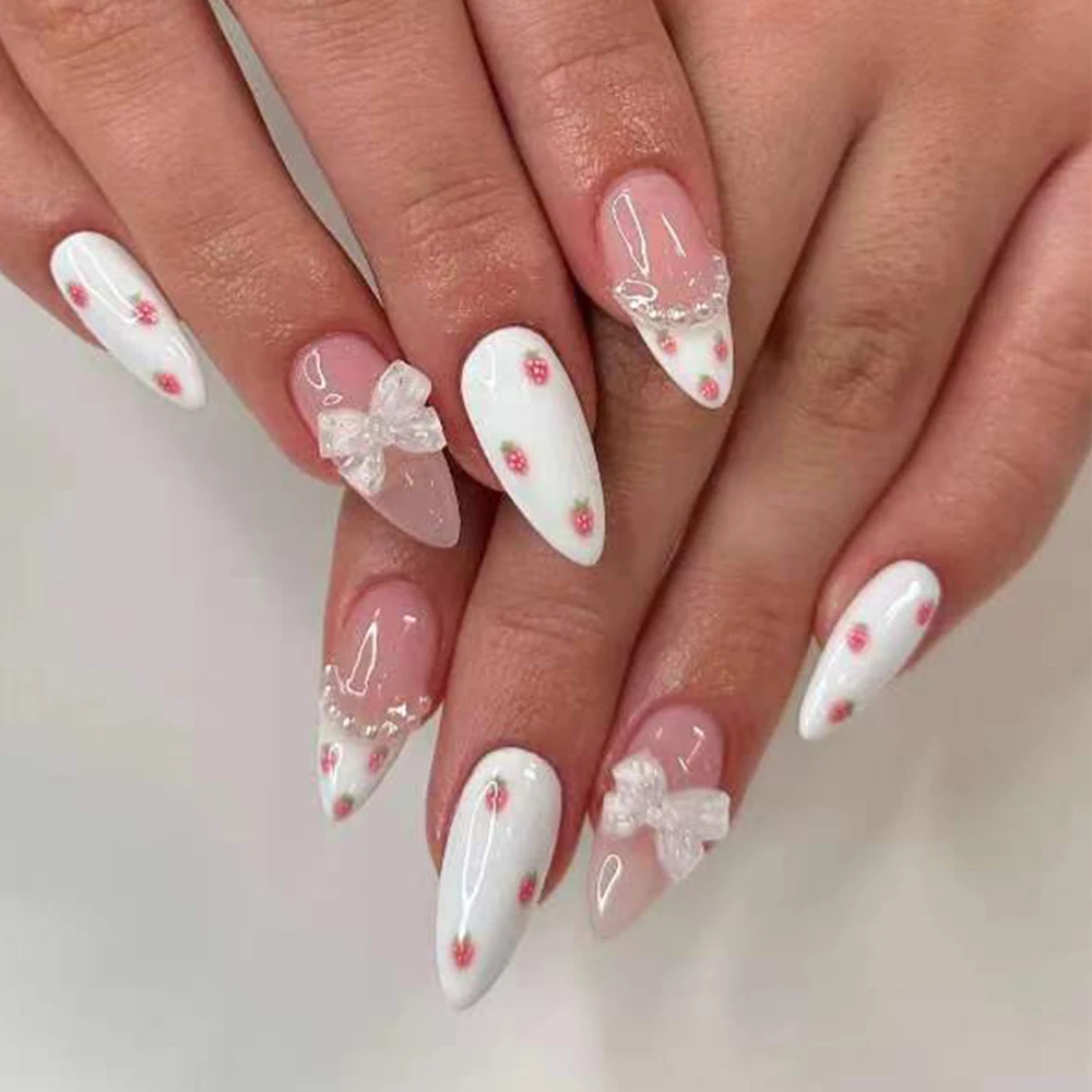 24pcs press on nails short almond bowknot fake press on nails white pearl summer nails sweet french tip press on nails cute nail