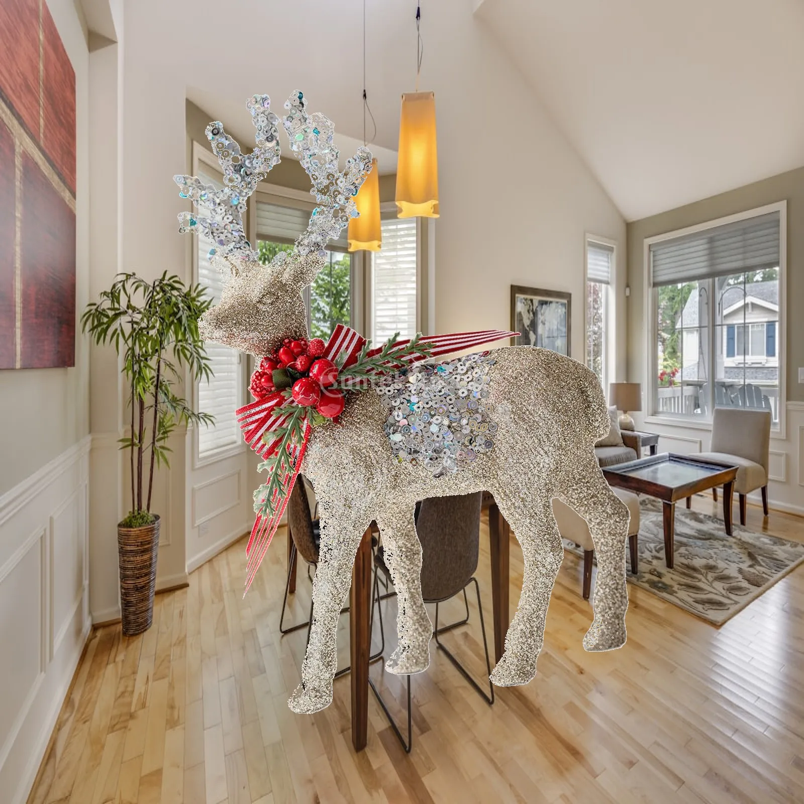 Reindeer Statues Flocked Plastic Christmas Decor Deer Figurines Bookcase Shelf Ornament for Holiday Room Decoration