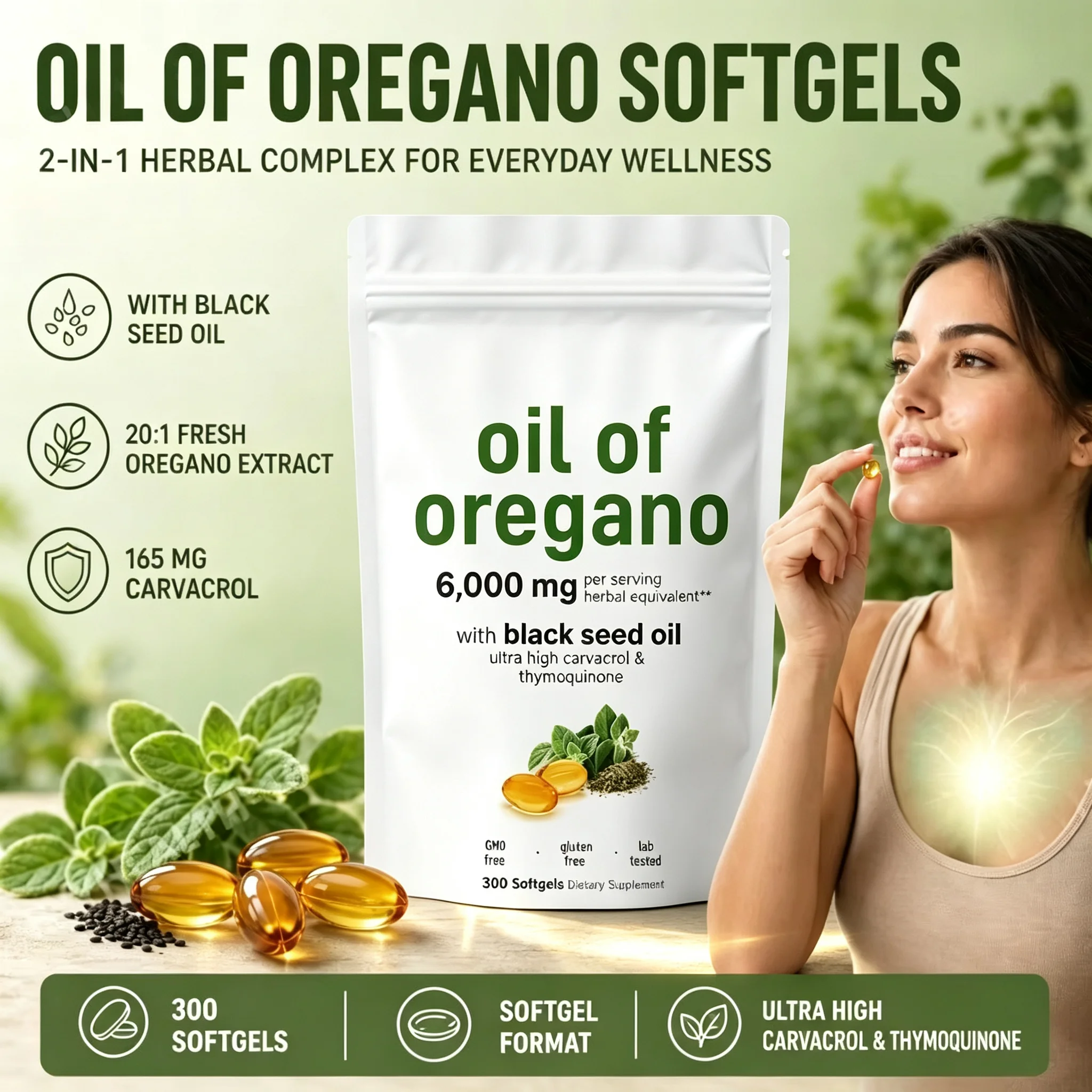 300 Count Oil of Oregano Softgels with Organic Black Seed Oil Extract Natural Herbal Plant-Based Dietary Supplement Capsules