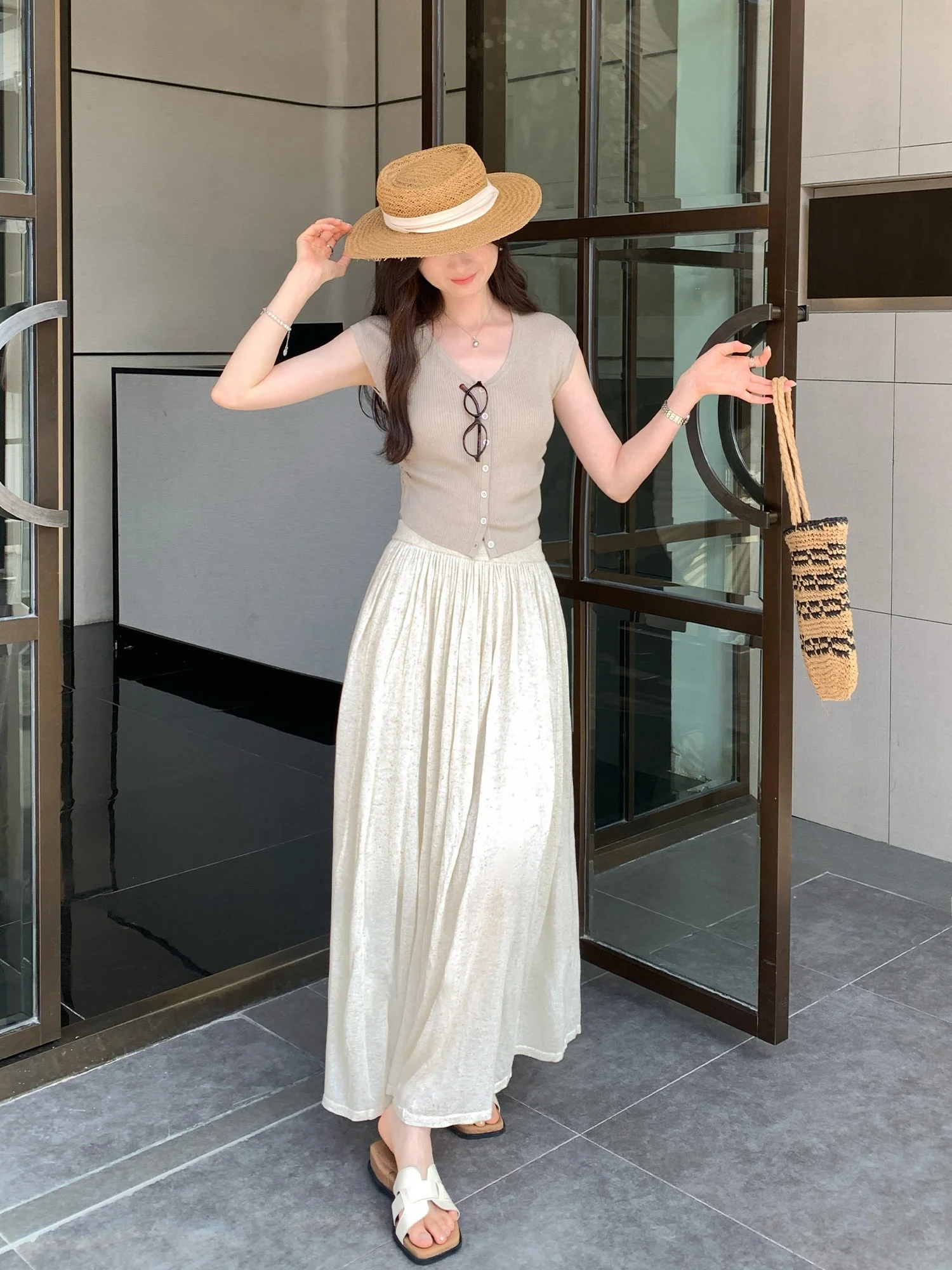 Lacele Semi-Formal Women's Skirt A-Line Midi Skirt in Beige  Linen Fabric for Summer 2026 New Style Korean Style High W...