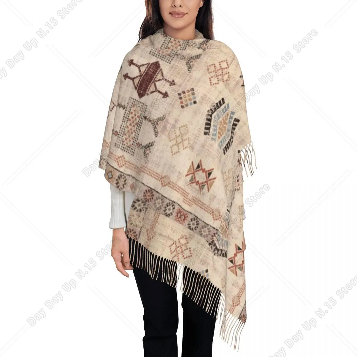 Moroccan Traditional Carpet Arwtork Scarf Wrap Women Long Winter Warm Tassel Shawl Unisex Antique Bohemian Scarves