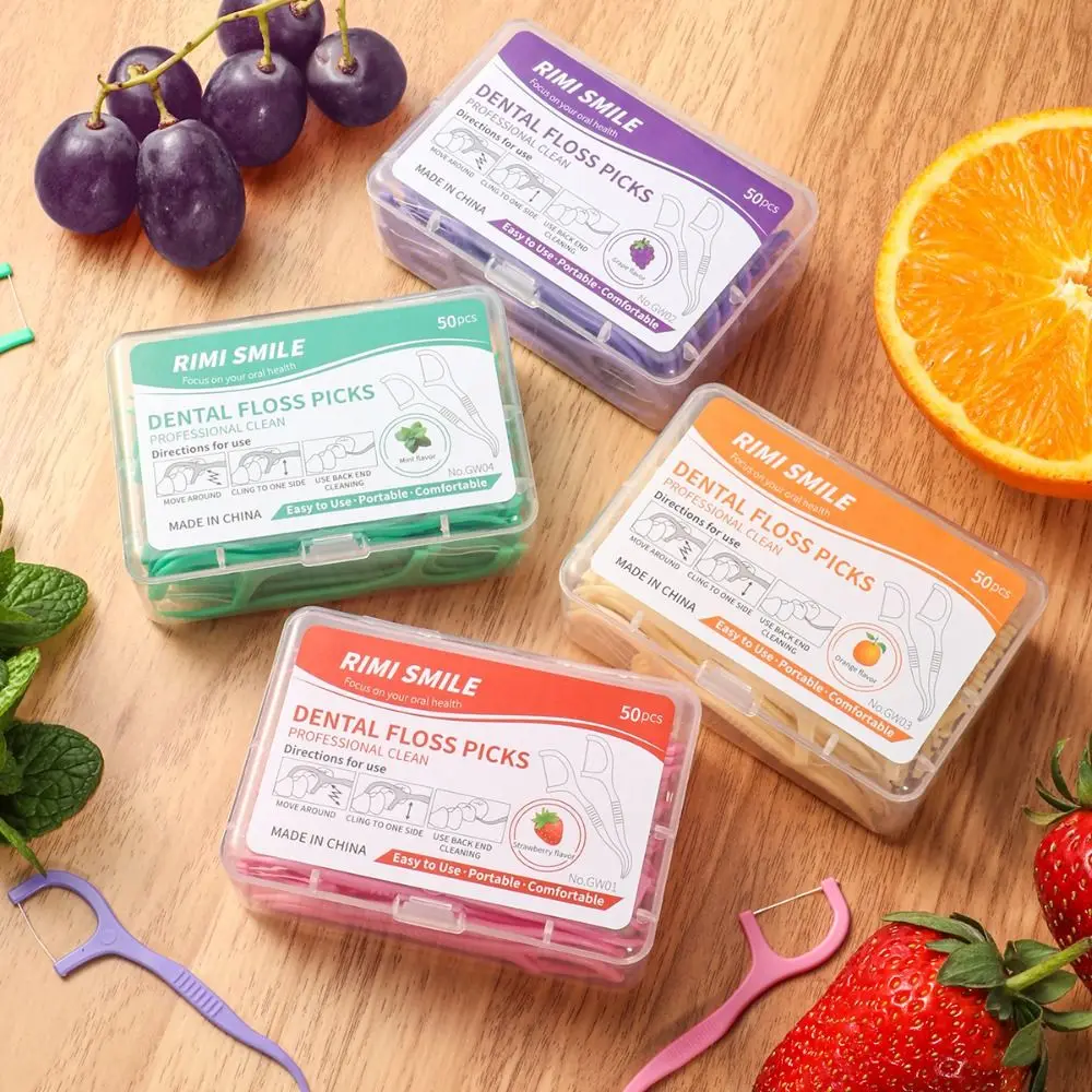 50 Sticks/Box Dental Floss Stick Portable Disposable Fruit Flavored Floss Gap Cleaning 4 Flavors Teeth Cleaning Tool Oral Care