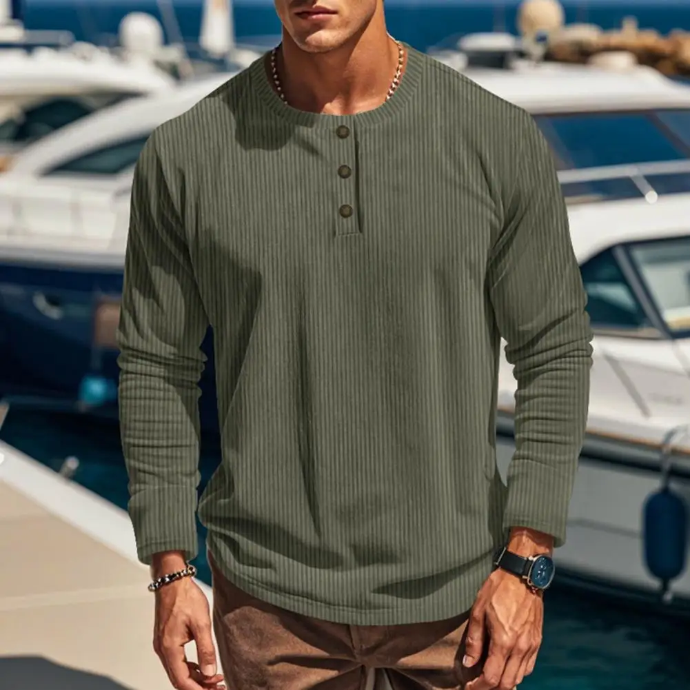 

Men Long Sleeve T-Shirt Corduroy Solid Color Spring And Autumn T-Shirt Casual Henry Collar Slim Fit Tee for Daily Wear