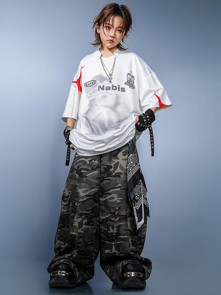 Kind Kpop Hip Hop Kleidung Drucken Weißes T-shirt Top Camo Casual Baggy Cargo Hosen für Mädchen Junge Tanz Kostüm Kleidung