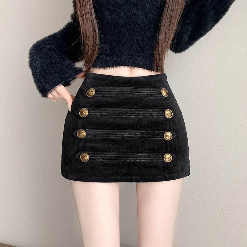 2026 New American Hot Girl Corduroy Mini Skirt Women High Waist Metal Buttons Bodycon Skort Pure Desire Style Short Skirt