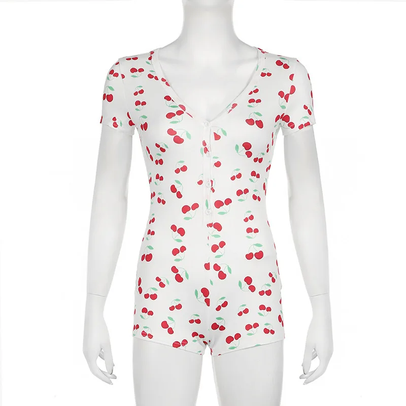 Pajamas Women's Onesies Front Button Cherry Print V-Neck Short Sleeve Romper Jumpsuit Nightgown Loungewear Sleepwear image 5