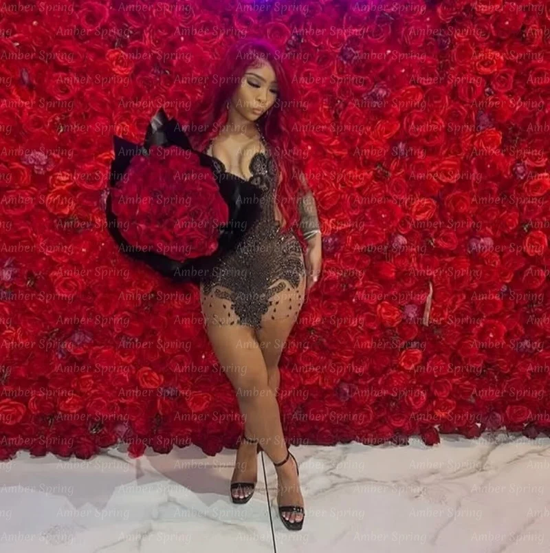 Luxury Sexy Black Crystal Short Prom Dresses Black Girls Mini Cocktail Birth Party Dresses African 2025 Customized