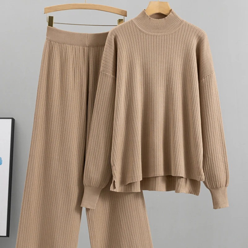 

Fall Winter Halfturtleneck Sweater 2 Piece Sets Women Casual Pullover Tops Suits High Waist Knit Wide Leg Pants Conjunto Z77