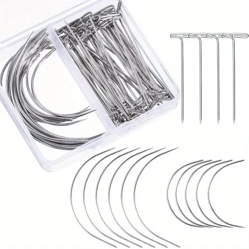 70 pieces T & C curved wig making pins needles set with storage case for secure hair weaving wig making blocking knitting