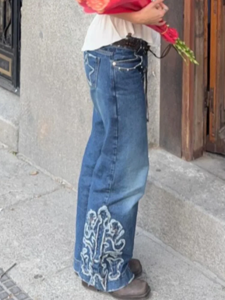 

Vintage Diamonds Denim Pants Women Chic Partchwork High Waist Long Wide Leg Trousers Female Spring Summer Y2k Lady Streetwear