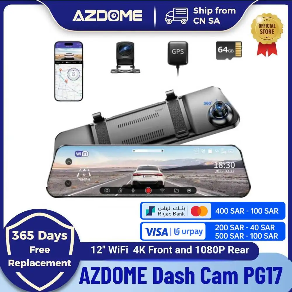 AZDOME PG17 12 WiFi Mirror Dash Cam 4K Front and 1080P Rear View Mirror Camera for Cars Dual Camera Waterproof Backup Camera