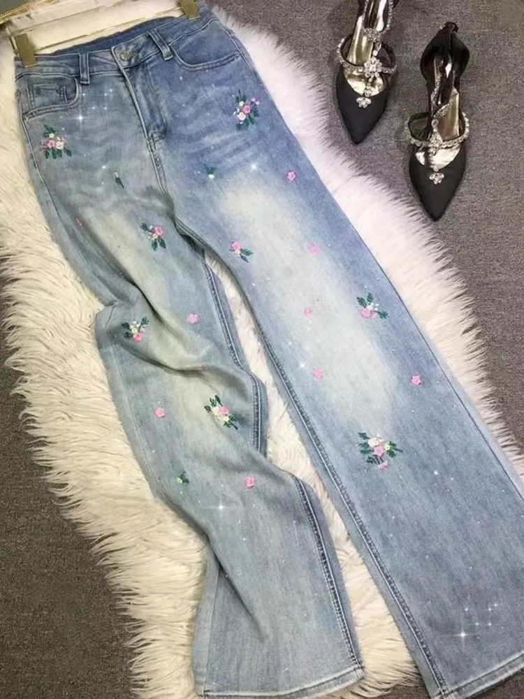 

2025 Top Quality Summer Vintage Embroidery Jeans Straight High Waist Slim Fit Casual Denim Pants Beading Fashion Wide Leg Pants