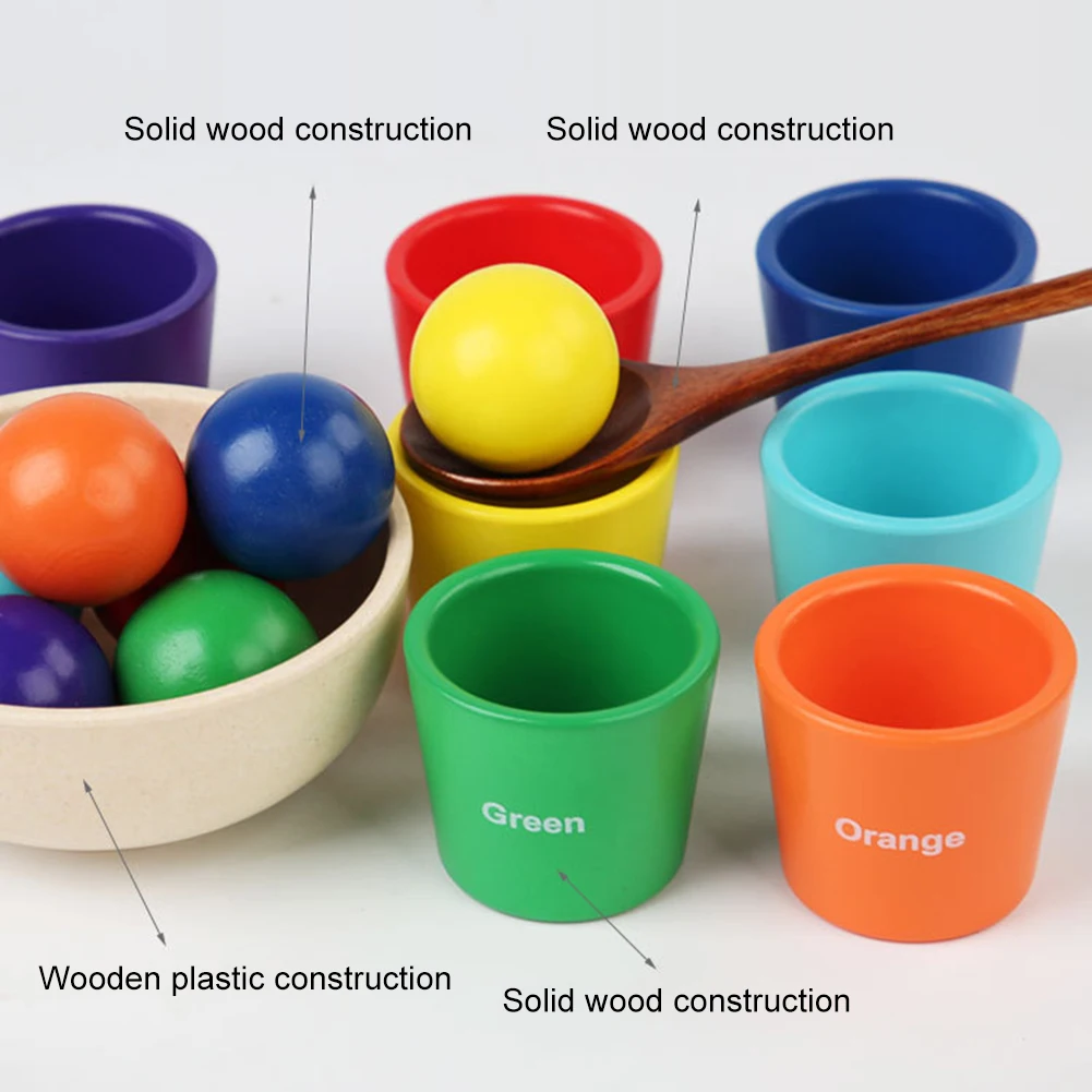 Bolas de arcoíris en tazas, juguete de clasificación de colores de madera, bolas grandes en tazas de 1,57 pulgadas, juguete de 7 pelotas para niños de más de 2 años, para niños pequeños y bebés